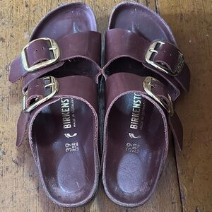 Birkenstock Dark Brown Sandals with Shiny Gold Buckles